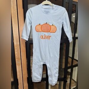 Cecil & Lou Oliver appliqué coverall baby boy pumpkins fall romper striped knit
